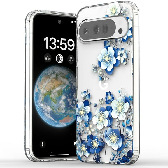 ELEHOLD Case for Google Pixel 9A, Elegant Transparent Follower Floral Slim Fit Shockproof Phone Case Fingerprint Resistant Cover for Google Pixel 9A ,H