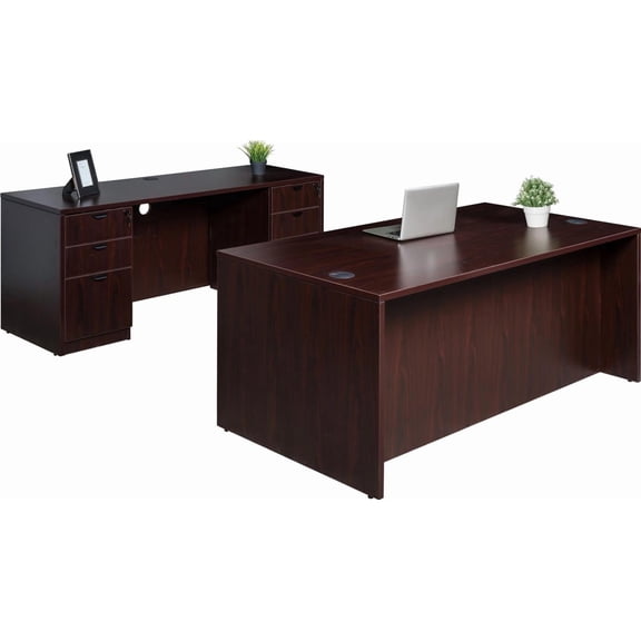 Pemberly Row Contemporary Desk and Credenza with 2 Pedestals in Mahogany