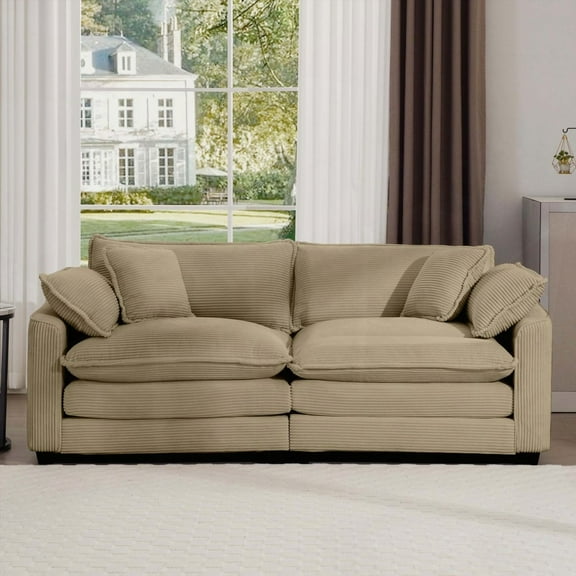 Modern Tan Corduroy Living Room Loveseat with 4 Pillows and Large Deep Seating