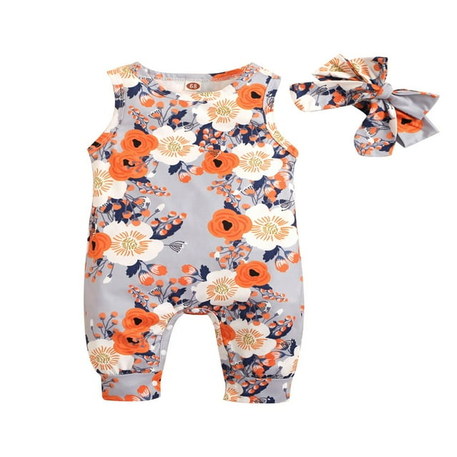 Bébé bébé Filles Mignon Rompers Imprimé Floral Cou Combinaison Sans Manches d'Été Bodysuits avec Arc Bandeau