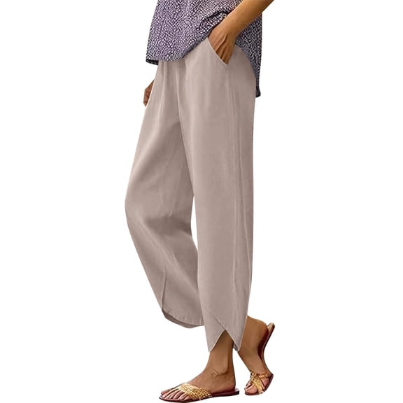 Miqool Women's Linen Baggy Palazzo Pants High Waisted Wide Leg Lounge Pants Lightweight Casual Loose Fit Beach Yoga Trousers with Drawstring Waist and Pockets