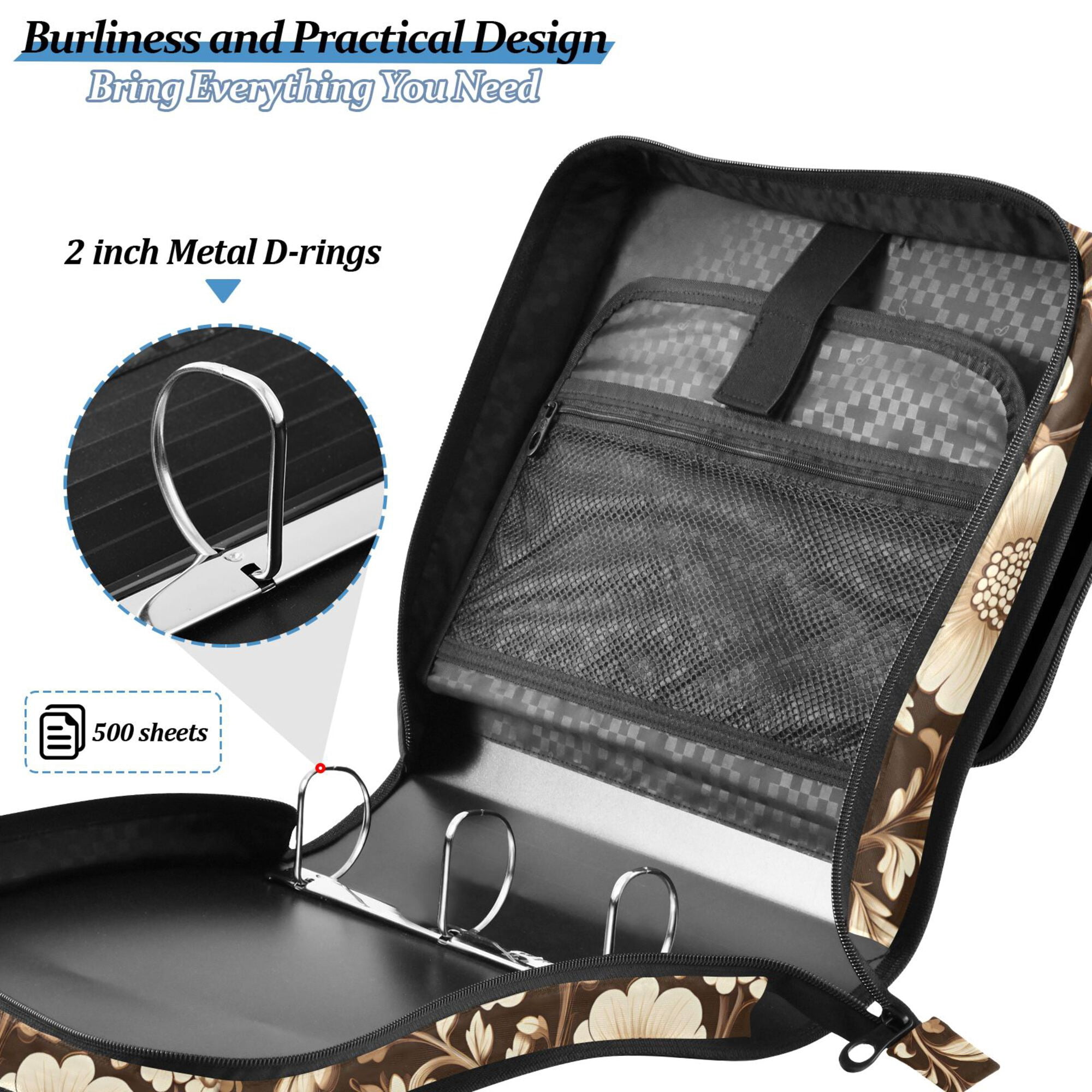 FORMRS Zipper Binder with Shoulder Strap 2-inch Ring 500 Sheet Capacity File Bag, Brown Floral