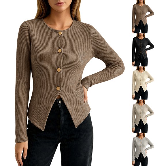 Breezora Womens Fall Slim Button Up Long Sleeve Cropped Ribbed Cardigan Sweater Work Chic Top