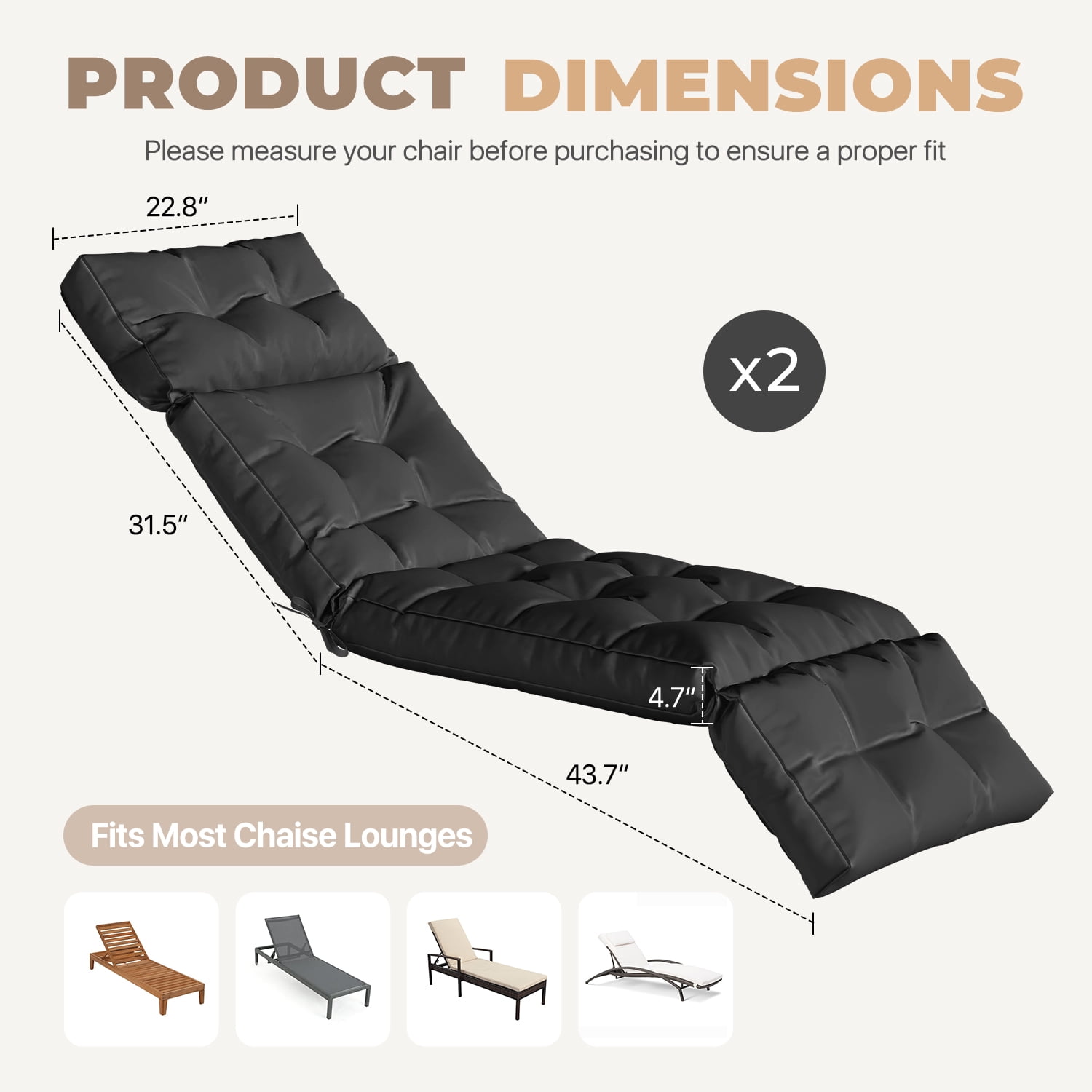 BaPiPro All-Weather Outdoor Chaise Lounge Cushion Set of 2, Secure-Tie Patio Recliner Cushion with Plush PP Cotton Support for Patio, Poolside & Balcony, Black