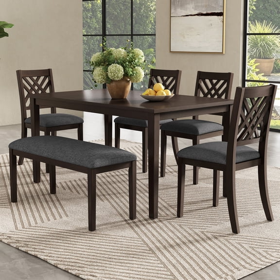Euroco Dining Table Set for 6, Modern 6 Piece Dining Set with Upholstered Bench, Wood Kitchen Table and Chairs Set for Kitchen Dining Room,Walnut
