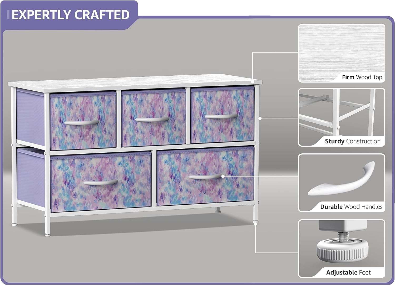 Sorbus 5-Drawer Dresser Storage Chest, Steel Frame, Wood Top, Fabric Bins, Tie-Dye Purple