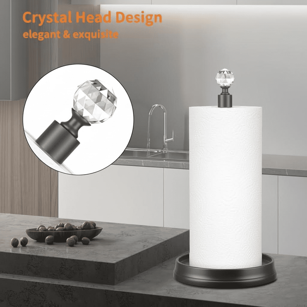 Matte Black Steel Paper Towel Holder for Kitchen Countertops, Bars and Dining Tables with Crystal Accent, Compatible with Standard and Jumbo Rolls