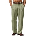 thumbnail image 2 of Nestiefly Mens Linen Casual Dress Pants Old Pleated Wide Leg Baggy Vintage Relaxed Fit Slacks Work Office Trousers Army Green M, 2 of 7