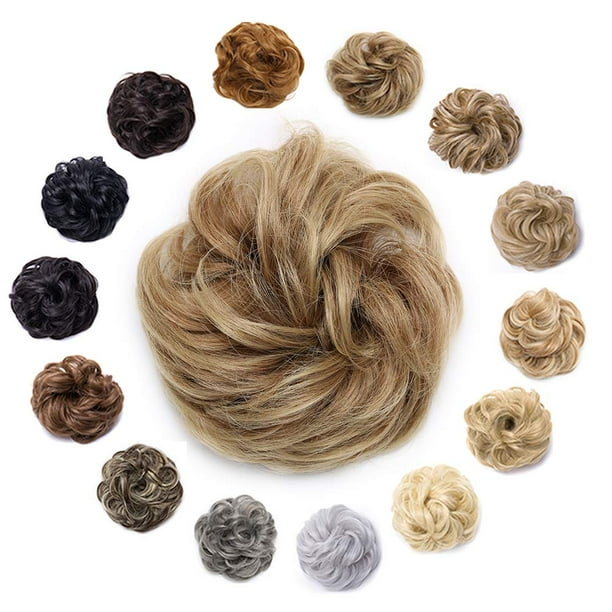 Moño desordenado sintético con coletero ondulado, recogido elástico, grueso, para boda, postizo de novia, recogido fácil para mujeres y niños, 1 unidad, 40 g, n.° 12T24, castaño claro, rubio ceniza