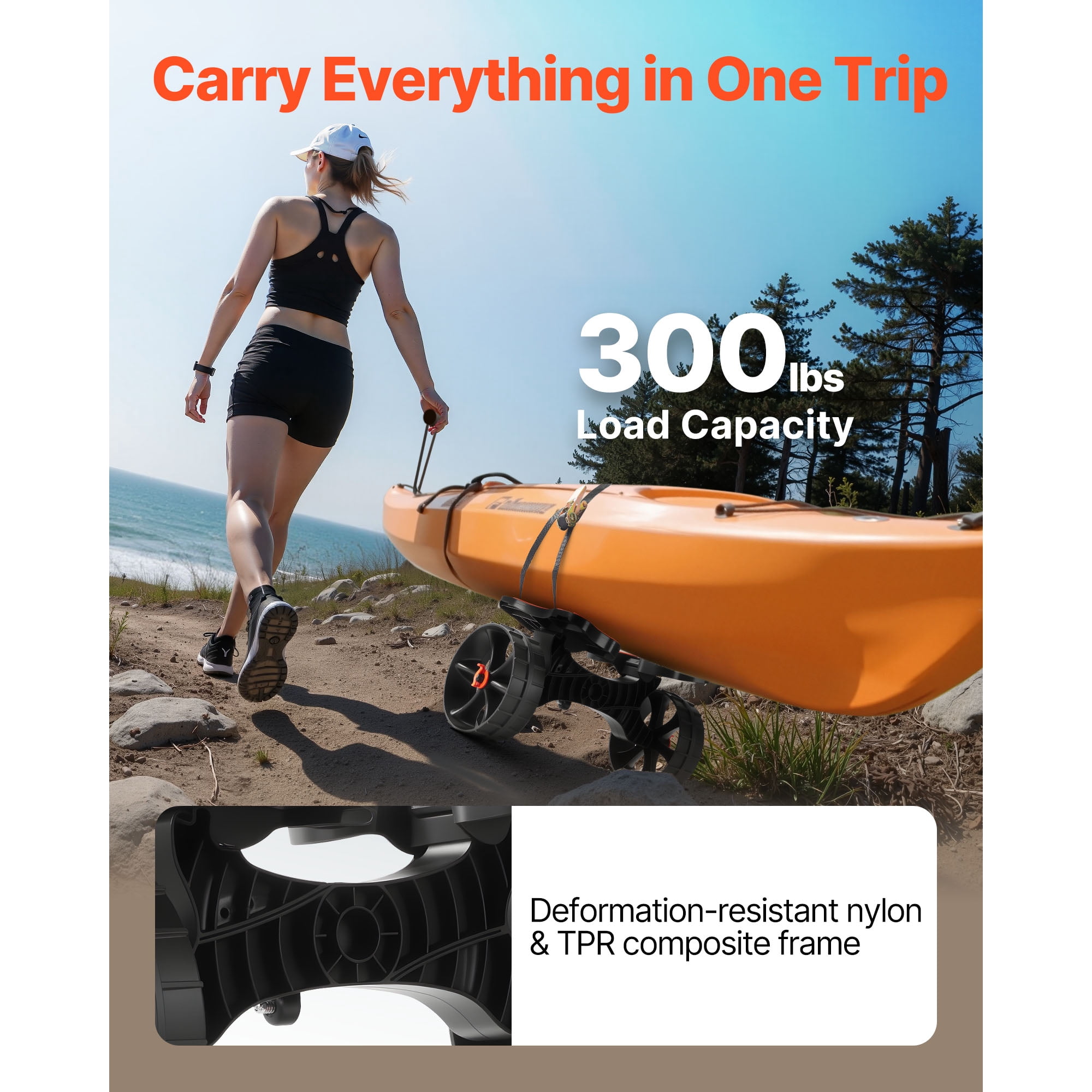 KFFKFF Foldable Kayak Cart with 300 lbs Capacity,Durable Trolley Featuring 10-inch Solid Rubber Tires & Ratchet Strap, Ideal for Transporting Kayaks, Canoes, Paddleboards, Float Mats, and Small Boats