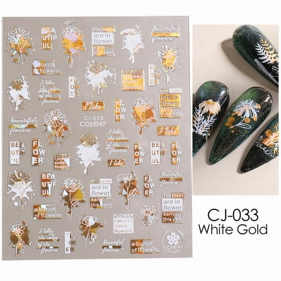 5-Pack Black Gold Leaf Nail Art Stickers Holographic Flower Laser Sliced Nail Foil Decals Tips for Manicure