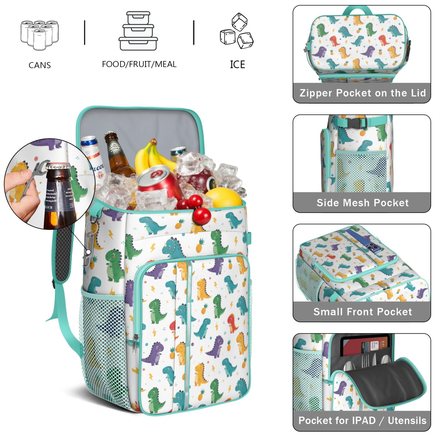 Travel Cooler Bag - White Dinosaurs Pineapples Bolts Pattern Camping Beer Cooler Backpack with Bottle Opener- Waterproof Insulated Picnic Backpacks - Cooler Bag for Beach