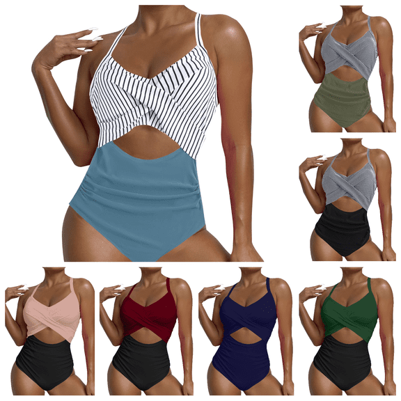Lovzfmll Women's One Piece Swimsuit V-Neck Halter Tie Midriff Cutout, Dressy Spaghetti Straps Push-Up Open Back Bathing Suit, Blue S