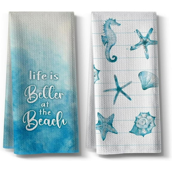 Beach Funny Kitchen Towels for Home Decor Starfish Seahorse Scallop Ocean Themed Summer Dish 18x26 Inch Seasonal Ultra Absorbent Bar Hand Towel Bathroom Farmhouse Set of 2-Blue
