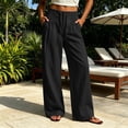thumbnail image 2 of Women's Cotton Blend Straight Leg Pants with Pockets, Mid Elastic Waist, Soft Loose Fit, Casual Business Beach, Cropped Pants | VerBelle,Black S, 2 of 7