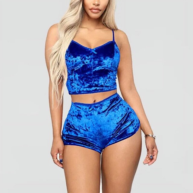 Conjunto de Pijama de terciopelo para mujer, Sexy ropa de dormir con tirantes finos, pantalones cortos de terciopelo, 2 piezas