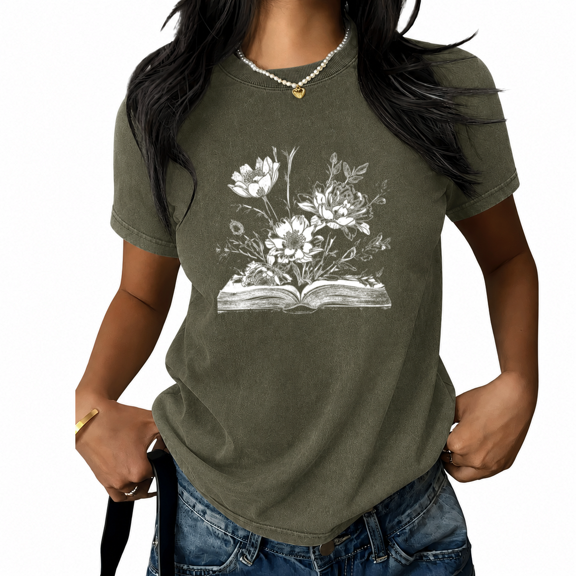 UNISHE Women's Vintage Floral Book Graphic Tee - Oversized Aesthetic Short Sleeve Crewneck Top, Dark Wash Look, Trendy Summer Outfit