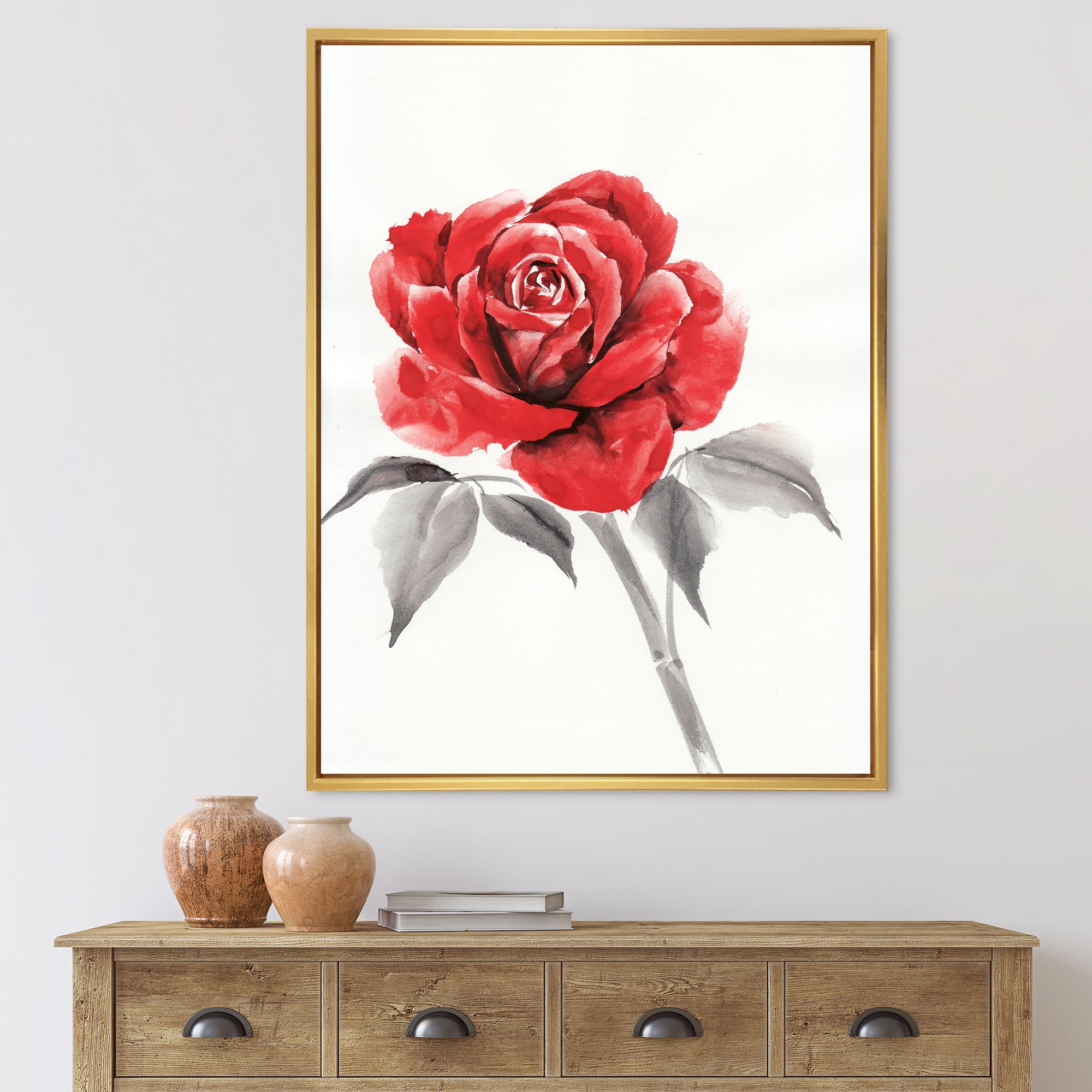 Designart 'Ancient Red Rose Flower I' Traditional Framed Canvas Wall Art Print