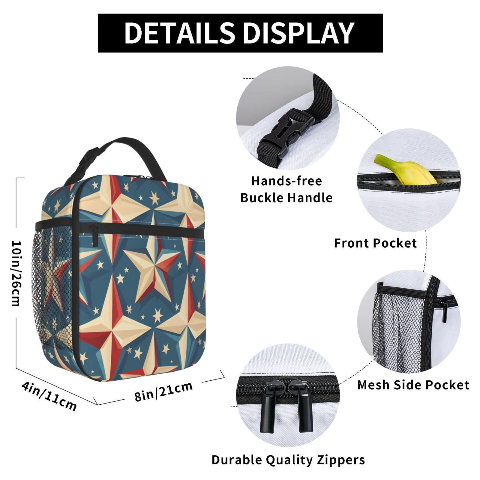 Lunch Bag For Women Men Insulated Portable Lunch Box Bento Box Office Picnic Travel Cooler Bag Independence Day Theme Elements Star (7)