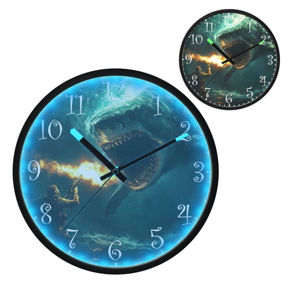 Voice Activated Clock with Glow Light 12 Inch Large Silent Wall Clock Battery Operated for Home Decor Man Fighting Shark