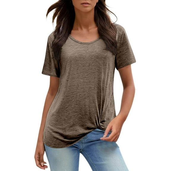 OSOLU O-Neck Short Sleeve Casual T-Shirt Tshirts Tee For Women With Knot Detail Solid Color Relaxed Fit Tops Relaxed Fit Dailywear