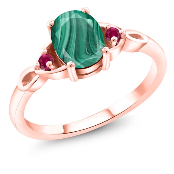 Gem Stone King 18K Rose Gold Plated Silver Green Malachite and Red Created Ruby 3-Stone Rings for Women (2.10 Cttw, Gemstone, Oval 8X6MM, Size 9)