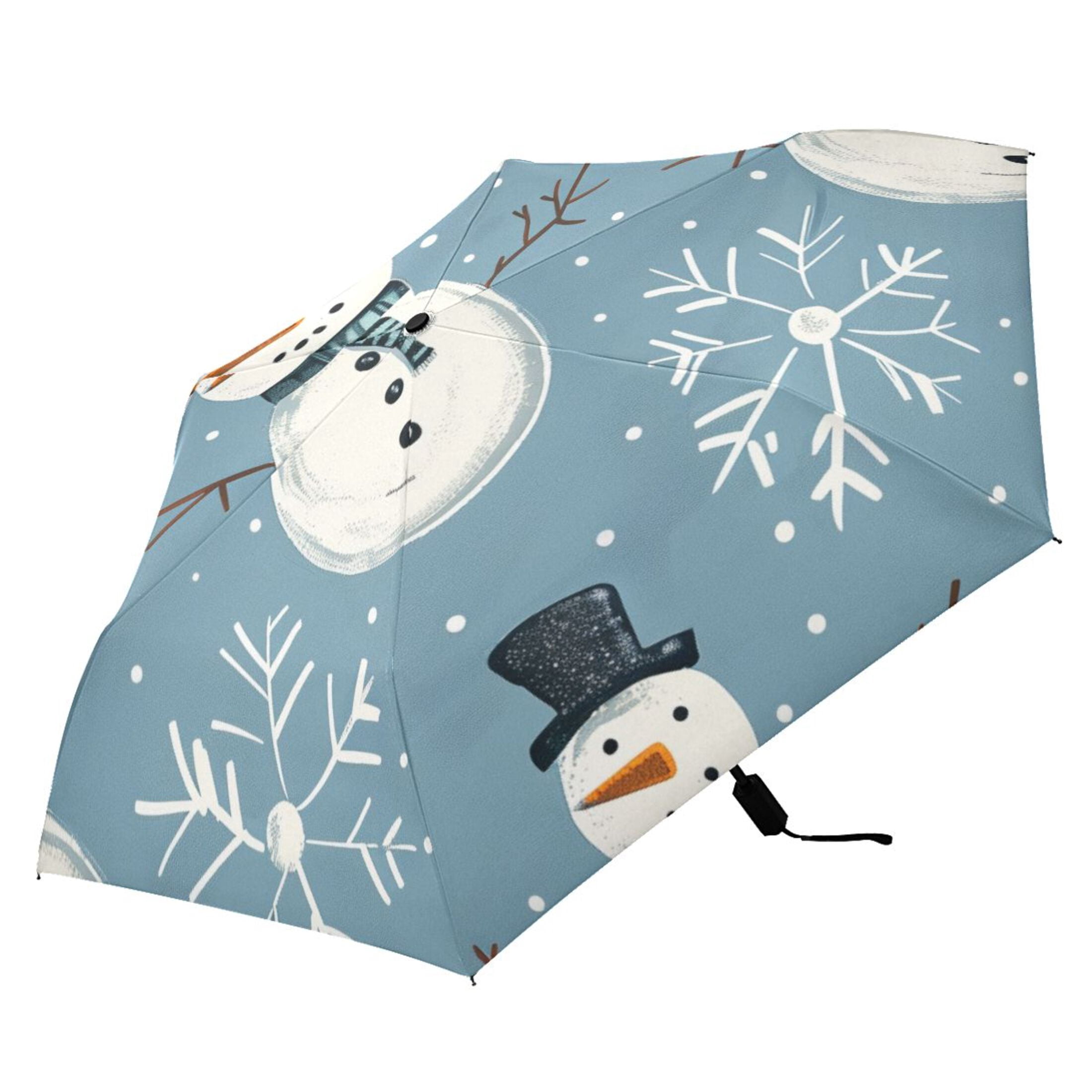 Snow Snowman Cartoon All Weather Umbrella Triple Folding Parasol 6 Ribs UV Protection Portable
