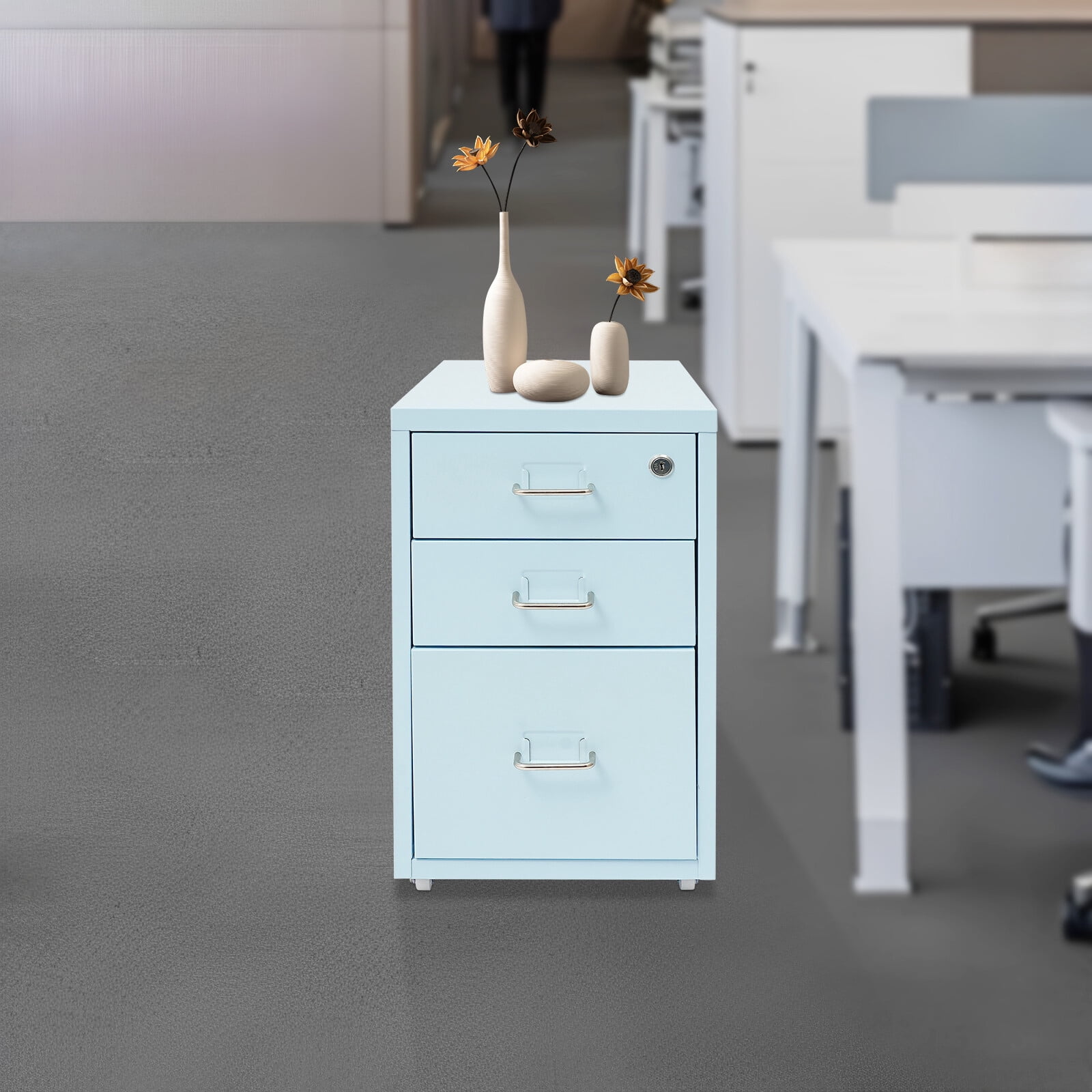 Blue Mobile File Cabinet 3-Drawer Locking Office Storage 28×41×48 cm w/ Wheels