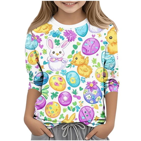 Cethrio Girls Easter Tops, Soft Summer Crew Neck 3/4 Sleeve Girls T Shirts Purple Size 5T