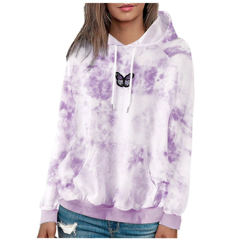 Dyfzdhu Hoodies for Women Casual Tie Dye Butterfly Graphic Sweatshirt Long Sleeve Hooded Pullover