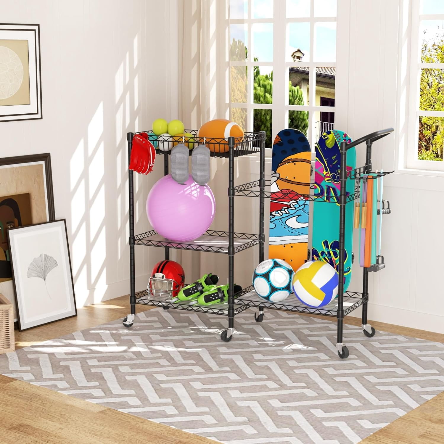 Dumbbell Rack Stand With Yoga Mat Storage, Gym Equipment Organizer, Cart With Hooks and Wheels