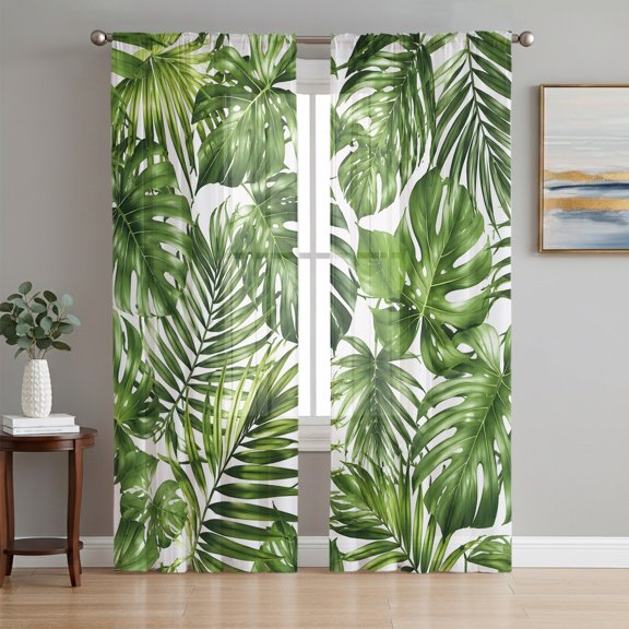 Monstera Palm Leaves Sheer Curtains 96 Inch Length 2 Panels Set, Summer Tropical Botanical Country Voile Window Treatment Semi Sheer Long Curtains Drapes for Bedroom/Living Room/Kitchen 52"x96"x2