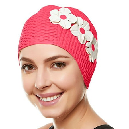 Beemo Swim Bathing Caps for Women & Girls - Pink with White Flowers ...
