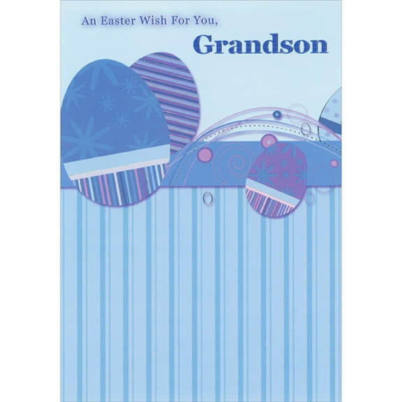 Designer Greetings Blue and Purple Striped and Patterned Eggs Over Blue Vertical Lines Easter Card for Grandson