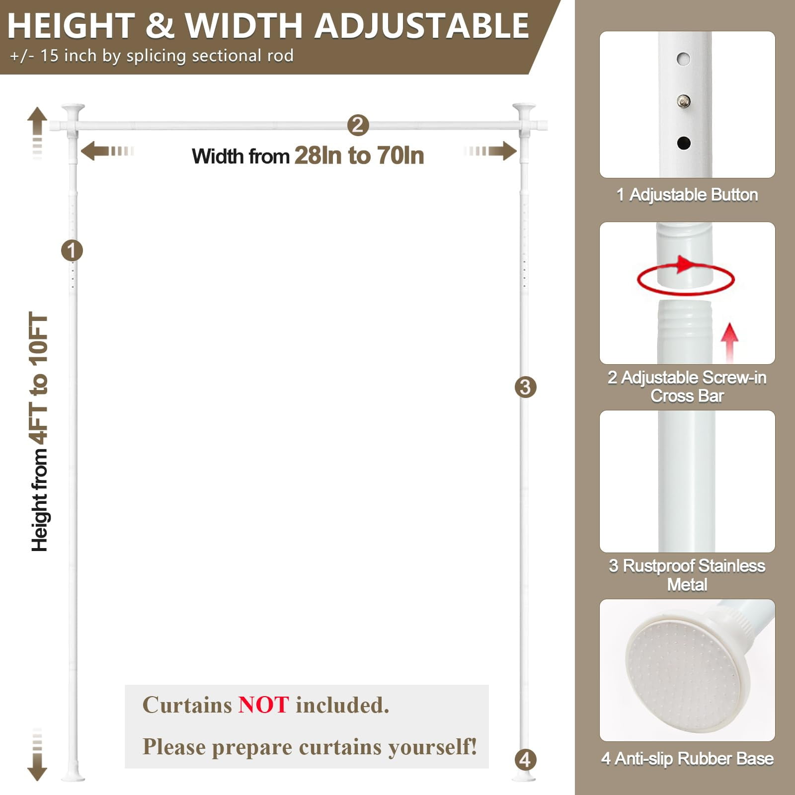 AEASKIEY Room Dividers Curtain Rod No Drill, 4-10ft(H) 28-70inch(W), Adjustable Heavy Duty Floor to Ceiling Tension Rod for Room Separation Temporary Privacy Separator Window Rods, White