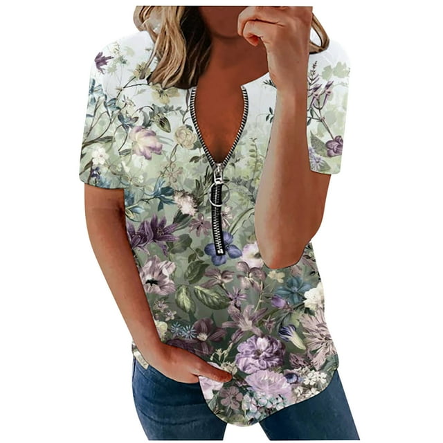 Pompotops Femmes Mode Imprimé Casual Col Rond Manches Courtes T-Shirt Blouse Tops