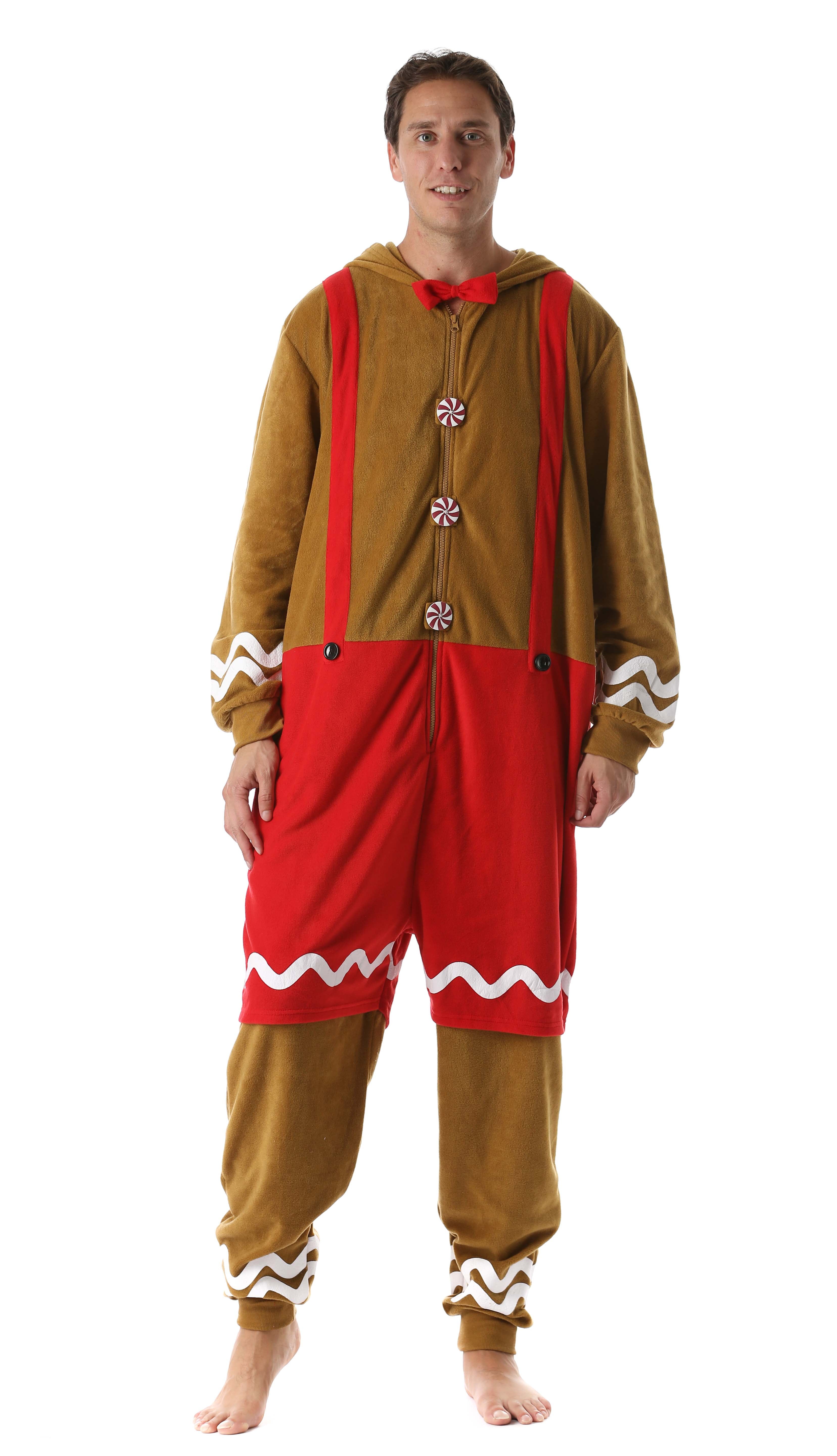 #followme Mens Adult Bodysuit Holiday Microfleece Jumpsuit One-Piece Pajamas (Gingerbread Man, Large)
