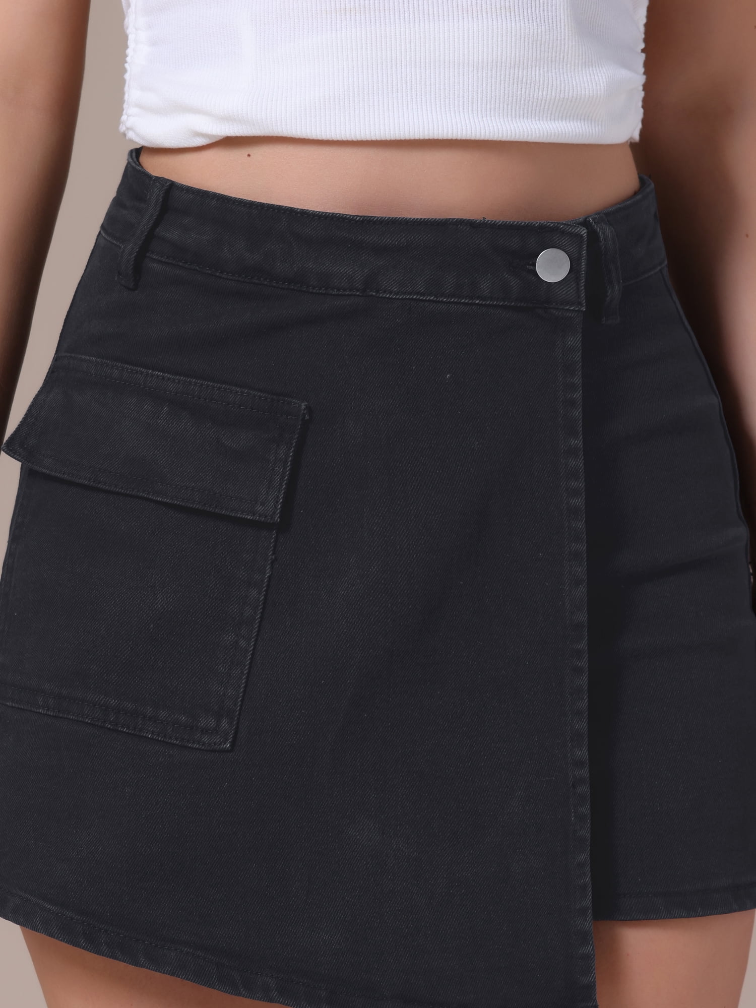 DARING DIVA Women's High Waist Western Asymmetrical Denim Cargo Skirt L Black