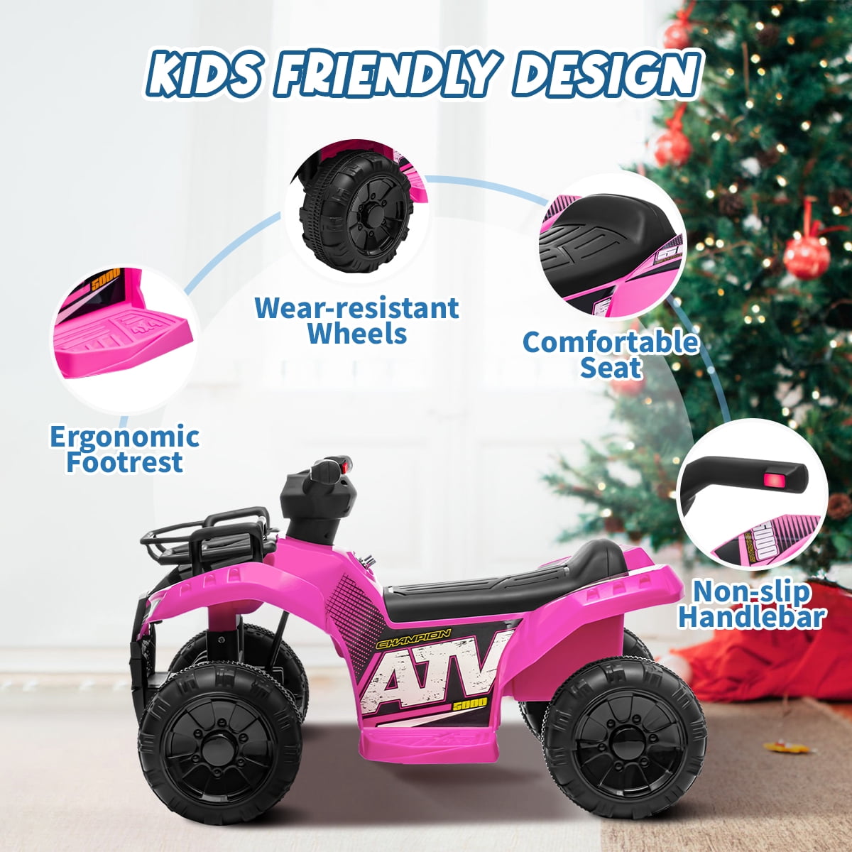 Kids 4-Wheeler Quad ATV, 6V Battery Powered Toddler Ride on Toys with Music & Lights, 1.2MPH Max Speed, for Ages 18-36 Months, Pink