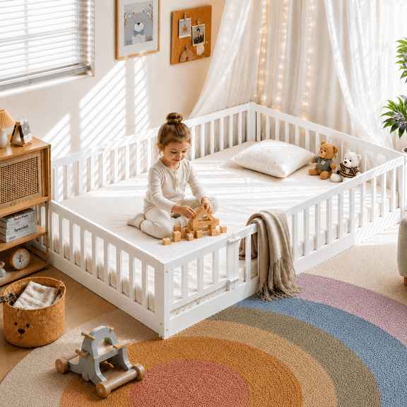 Zimtown Montessori Floor Bed Frame, Full Size Kids Toddler Bed with Fence and Door, Wooden Platform Bed, White