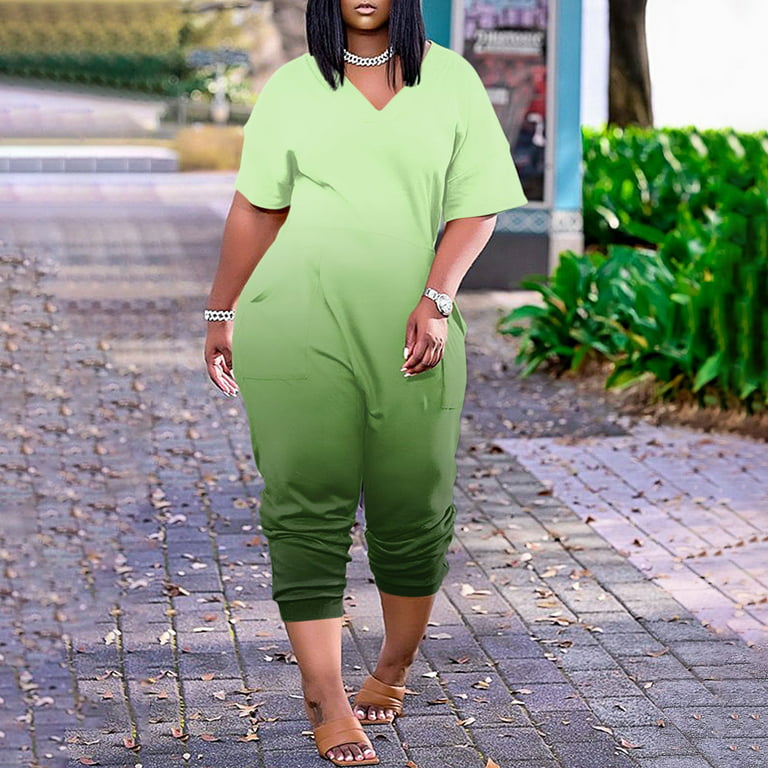 ELFINDEA Capri Pants for Women Plus Size Casual V Neck Short Sleeve Zipper  Overalls with Pockets Wide Long Jumpsuits (S-5XL) Green 4XL 