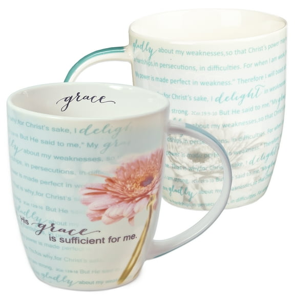 Christian Art Gifts Ceramic Bible Verse Coffee & Tea Mug for Women: Sufficient Grace - 2 Corinthians 12:9-10 Inspirational Bible Verse Cup Floral Chrysanthemum Scripture Mug w/Pink Flowers, 12 oz.