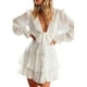 thumbnail image 4 of Vestido de manga larga para mujer Escote en V profundo Color liso Vestido de primavera y verano Cintura alta S-3XL Mini vestido de talla grande SAYOO moda, 4 of 8