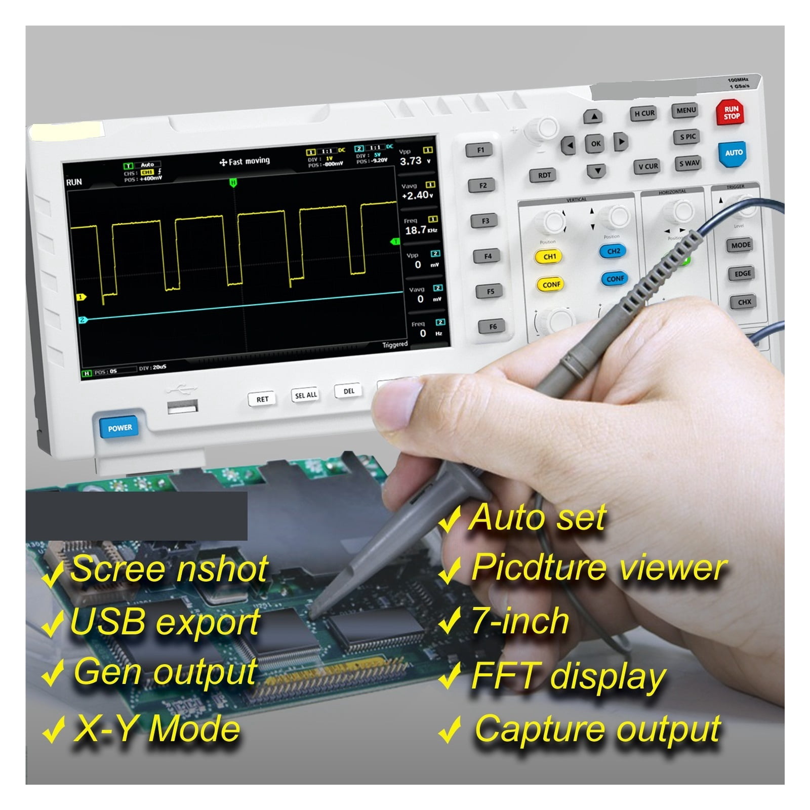 Digital Oscilloscope 100MHz * 2 Analog Bandwidth 1GSa/s Sampling Rate 2 Channels 7'' Benchtop Oscilloscope ,Professional Designed