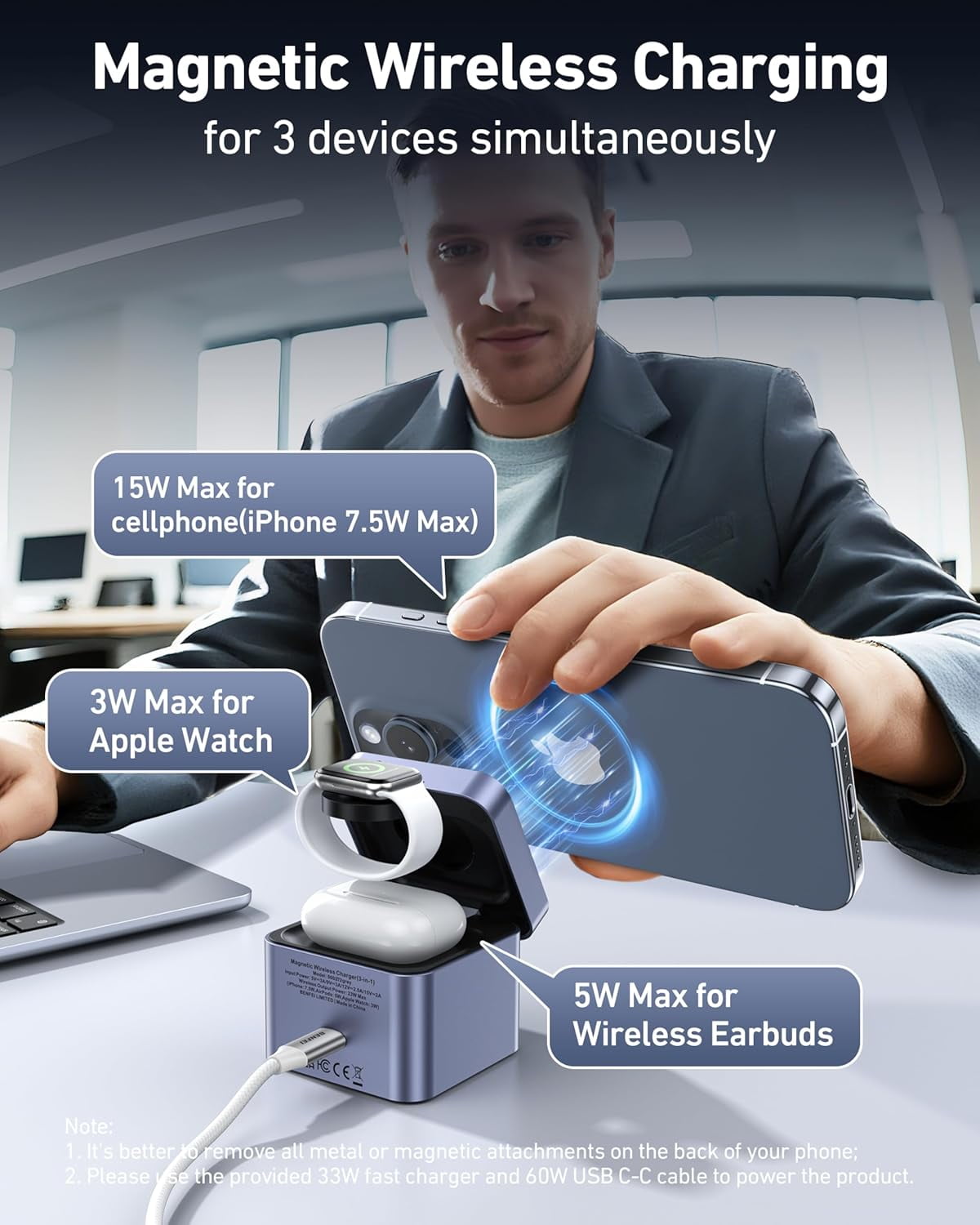 BENFEI 3-in-1 Foldable Charger Stand,Wireless Charging Station for iPhone 16/15/14/13/12 Series, Apple Watch & AirPods | Compact Cube Design | Includes 33W Power Adapter