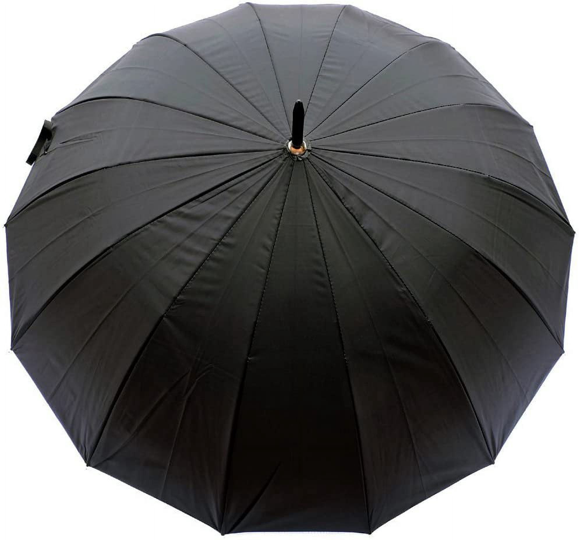 Rain Sun UV Protection Umbrella Large Full Size 42 Inches Canopy Coverage Windproof Auto Open J- Shape Stick Black w Sliver