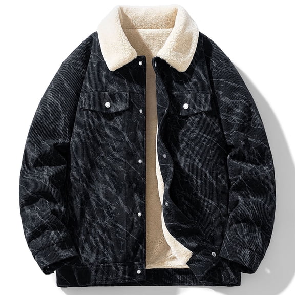 NTACZA Black Winter Men Jackets Cargo Corduroy Sherpa Lined Trucker Jackets Button Down Thick Coats Mens Fall Coats L