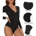 thumbnail image 4 of MANIFIQUE Women's Cross Wrap Ruched Plunge Neck Deep V Long Sleeve Bodysuits, 4 of 6