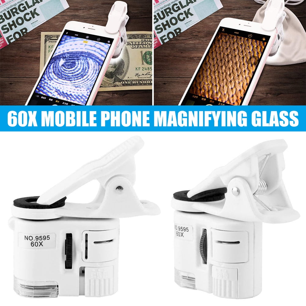 Mobile Phone Microscope Mini LED UV Light 60X Magnifying Glass Mobile Phone Clip Microscope for Jewelry Antique Evaluating Crafting Repairing Process 