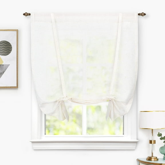 DriftAway Solid Linen Blend Sheer Voile Tie Up Decorative Adjustable Balloon Rod Pocket Curtains for Small Window 63"L x 42"W Light Linen